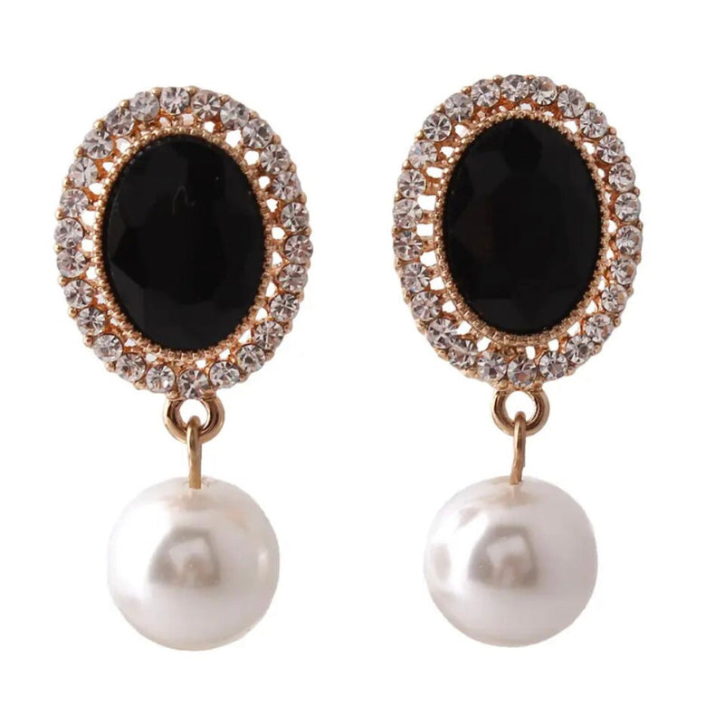 Clip on 1 1/3" gold oval black stone and pearl dangle earrings