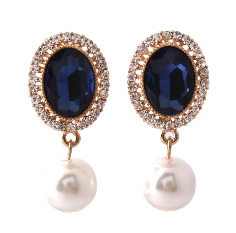 Clip on 1 1/3" gold oval blue stone and pearl dangle earrings