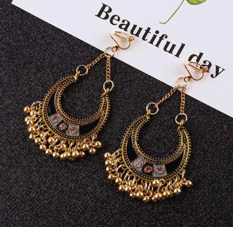 Clip on 3" gold chain bohemian black & gray earrings w/gold stones