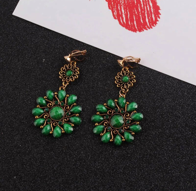 Clip on 2 3/4" gold and green stone dangle flower earrings