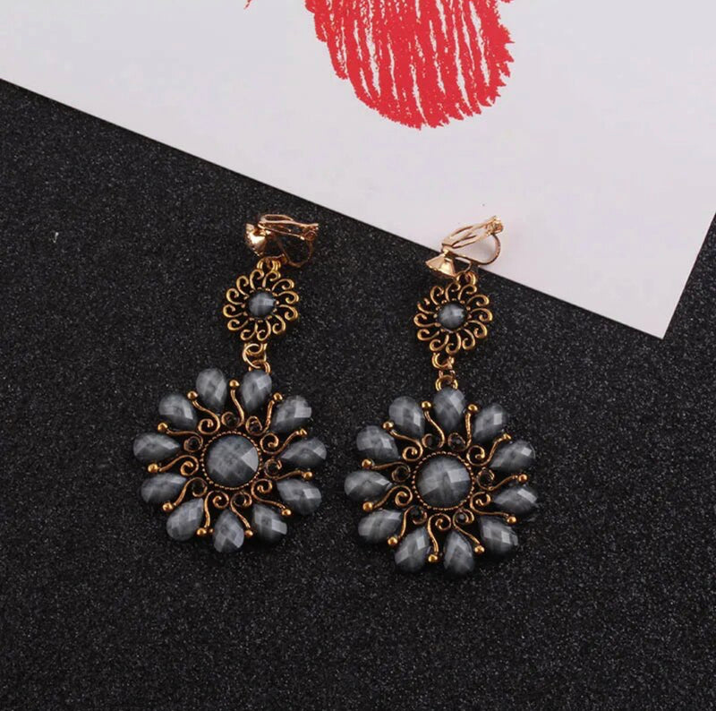 Clip on 2 3/4" gold and gray stone dangle flower earrings