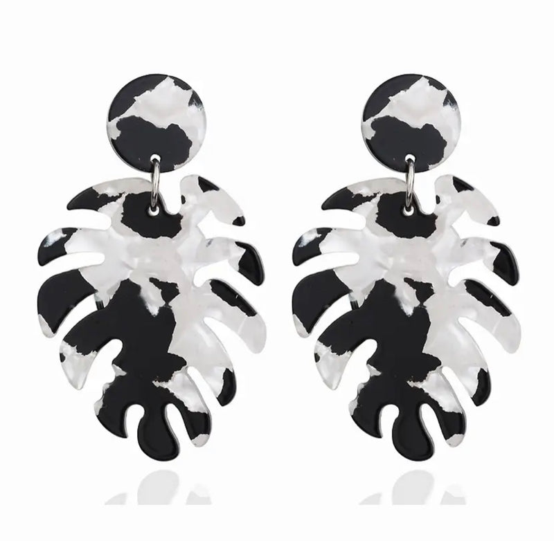 Clip on 2 1/2" gold, black and white plastic leaf earrings