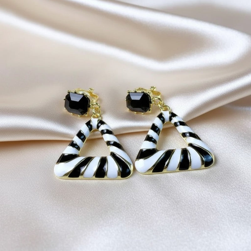 Clip on 2" gold, black and white stripe dangle triangle earrings