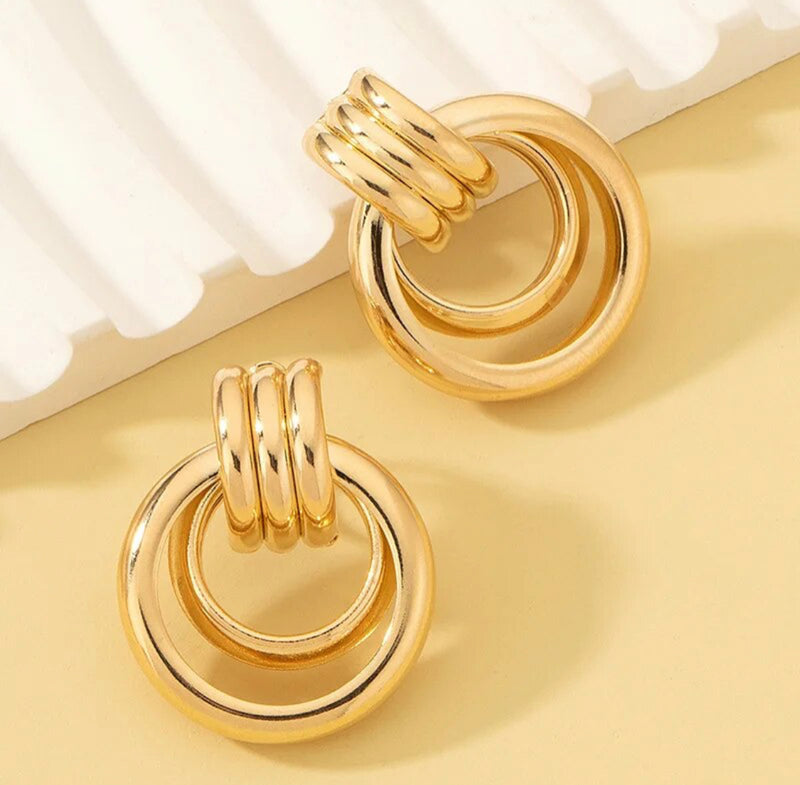 Clip on 1 1/4" shiny gold double hoop doorknob earrings