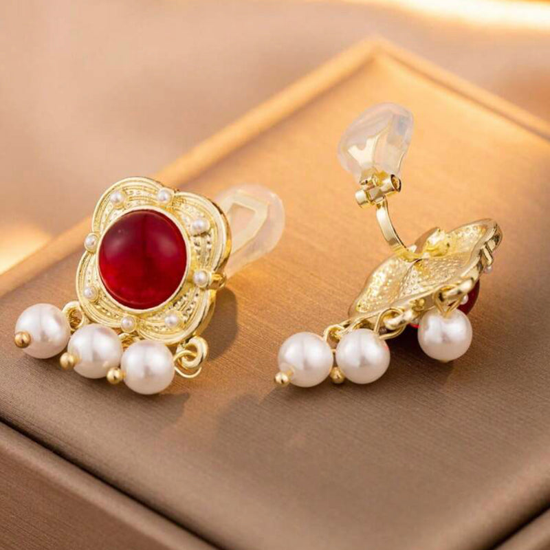 Clip on 1 1/4" gold earrings with red stone and dangle white pearls