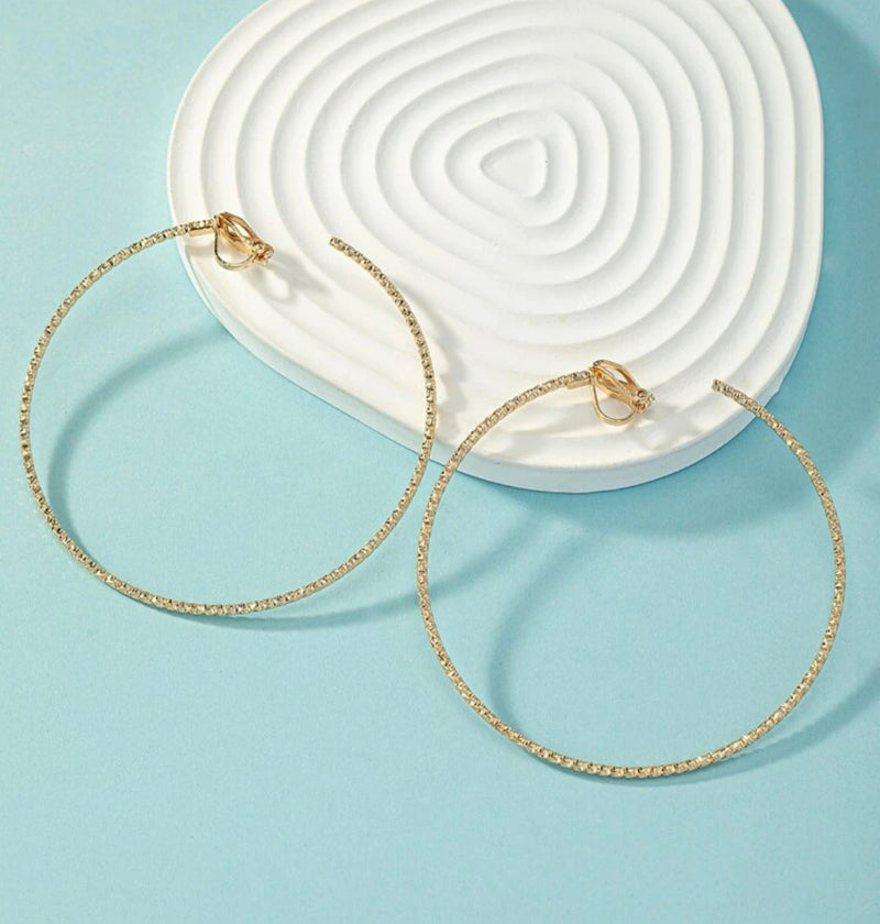 Clip on 3" XL textured gold open back hoop earrings