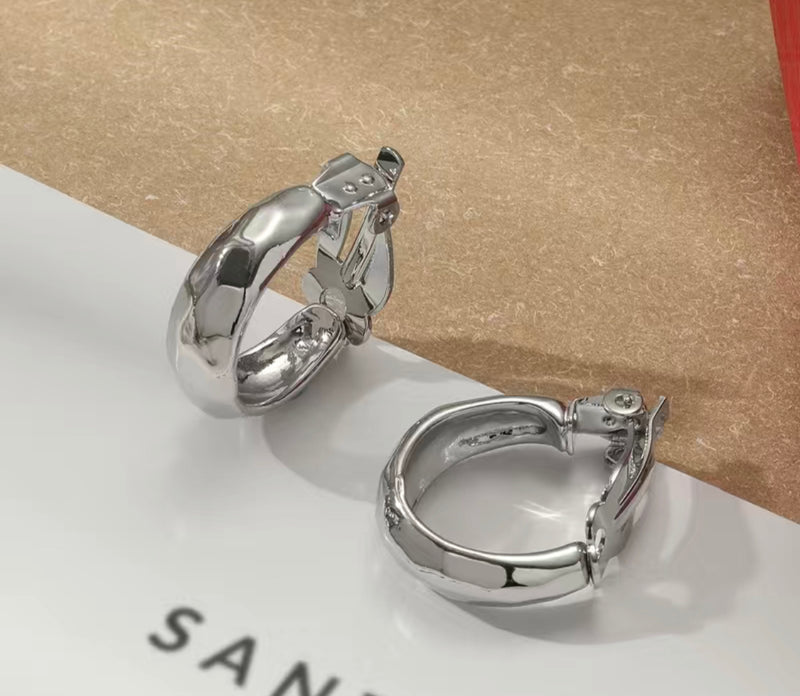 Trendy clip on 1" silver hammered hoop earrings