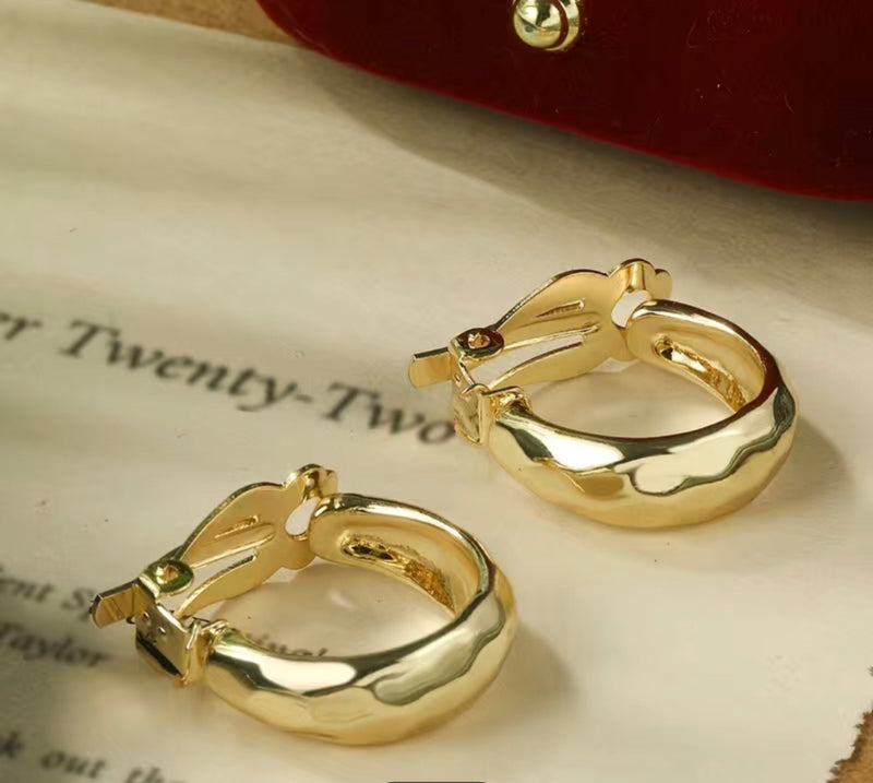 Trendy clip on 1" gold hammered hoop earrings