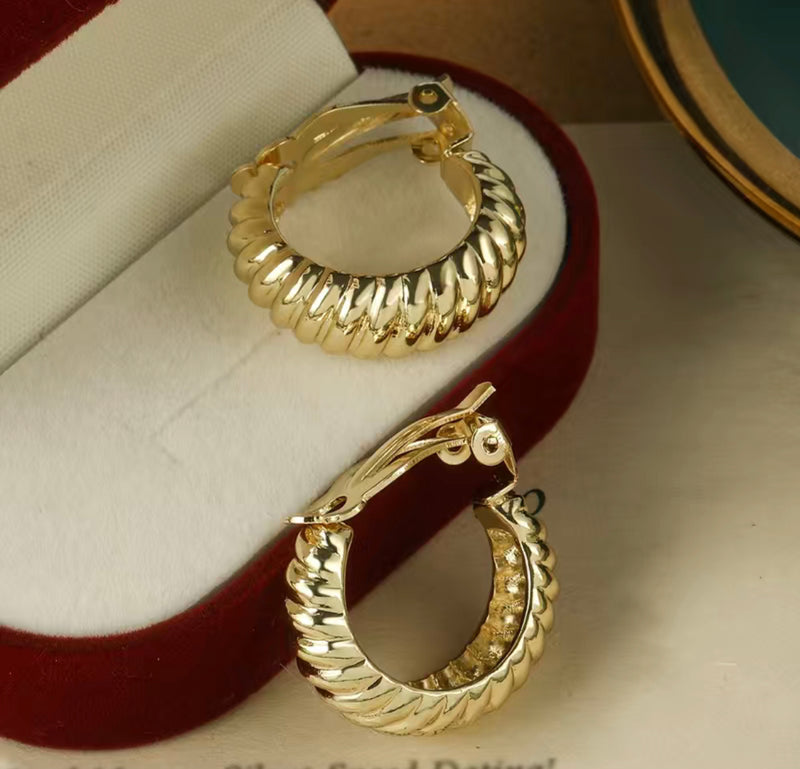 Clip on 1" gold indented scoop style hoop earrings