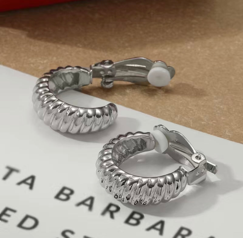 Clip on 1" silver indented scoop style hoop earrings