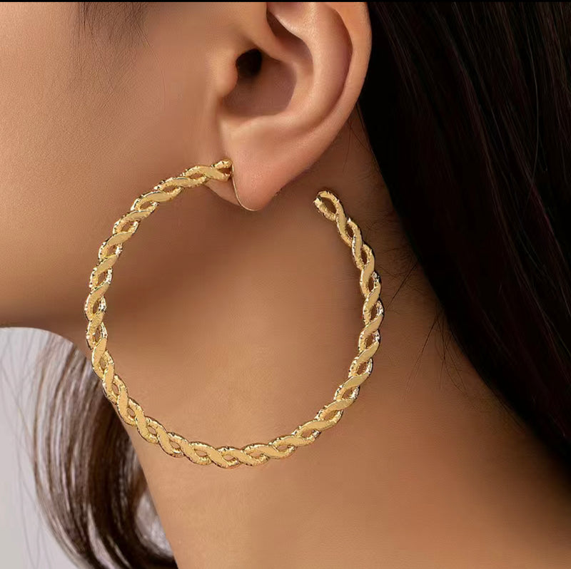 Trendy 2 1/2" large gold flat twisted open back hoop earrings