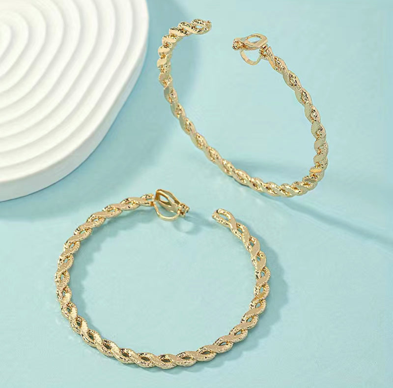 Trendy 2 1/2" large gold flat twisted open back hoop earrings