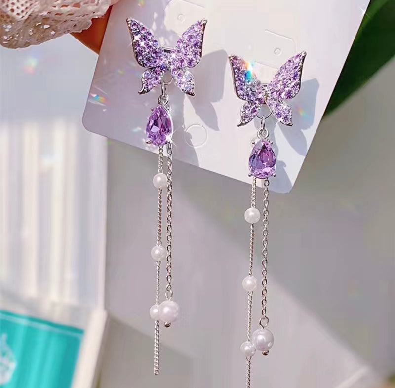 Pierced 4 1/2" silver chain, purple stone butterfly earrings w/dangle pearls