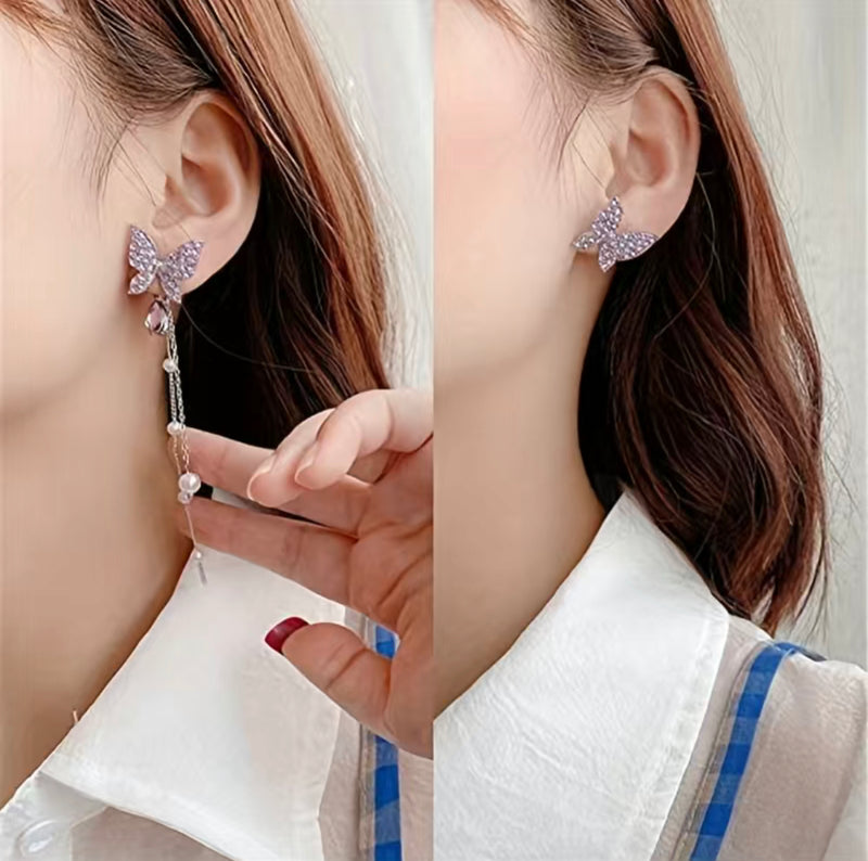 Pierced 4 1/2" silver chain, purple stone butterfly earrings w/dangle pearls