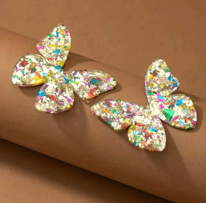 Pierced 2 3/4" plastic gold multi colored glitter Butterfly earrings