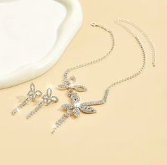 Pierced silver & clear stone butterfly necklace and earring set