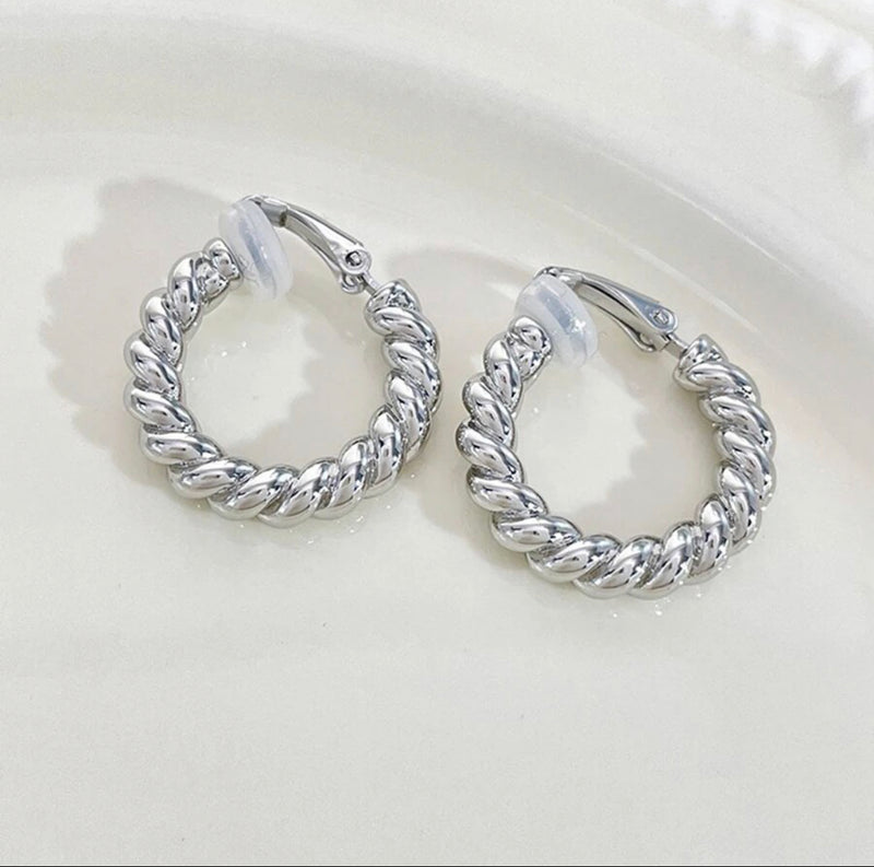 Clip on 1" silver or gold twisted rope hoop earrings