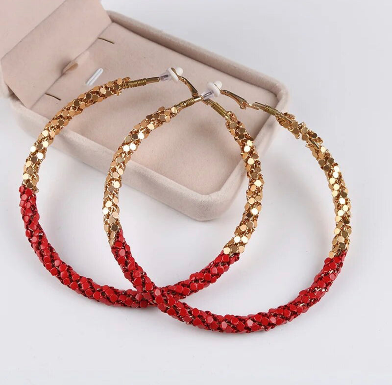 Clip on 1 3/4" gold dangle multi colored candy cane hoop earrings