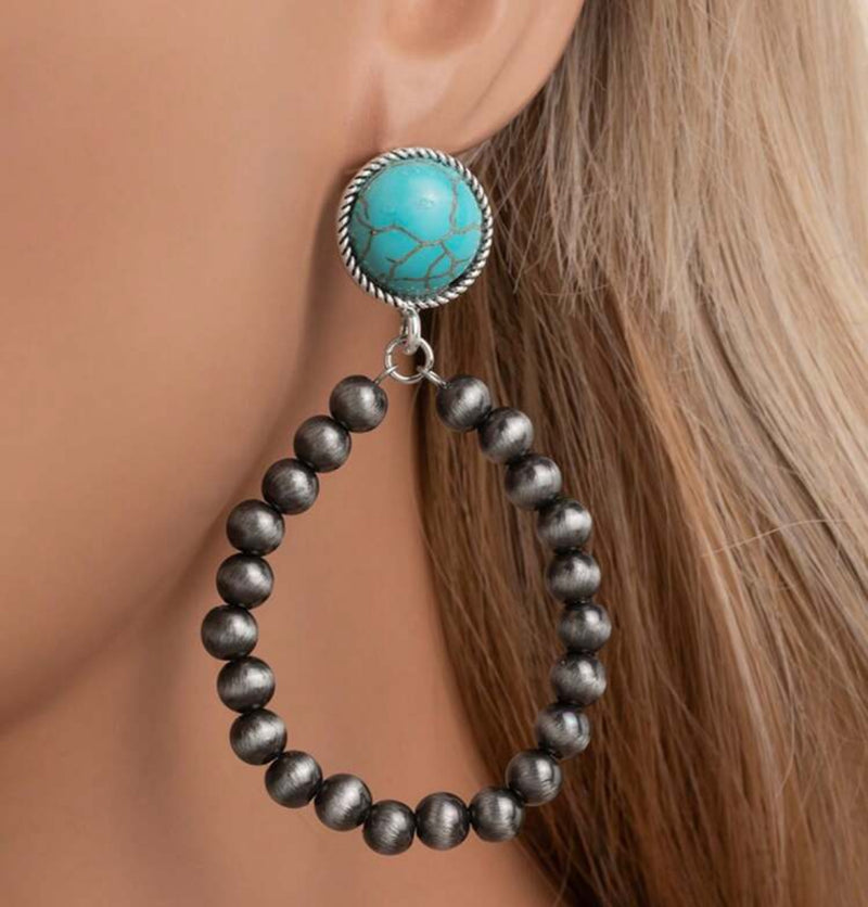 Western pierced 3 1/4" long gunmetal bead and turquoise stone earrings