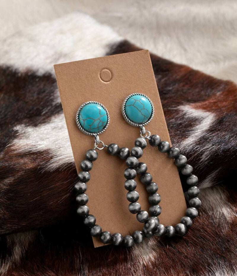 Western pierced 3 1/4" long gunmetal bead and turquoise stone earrings