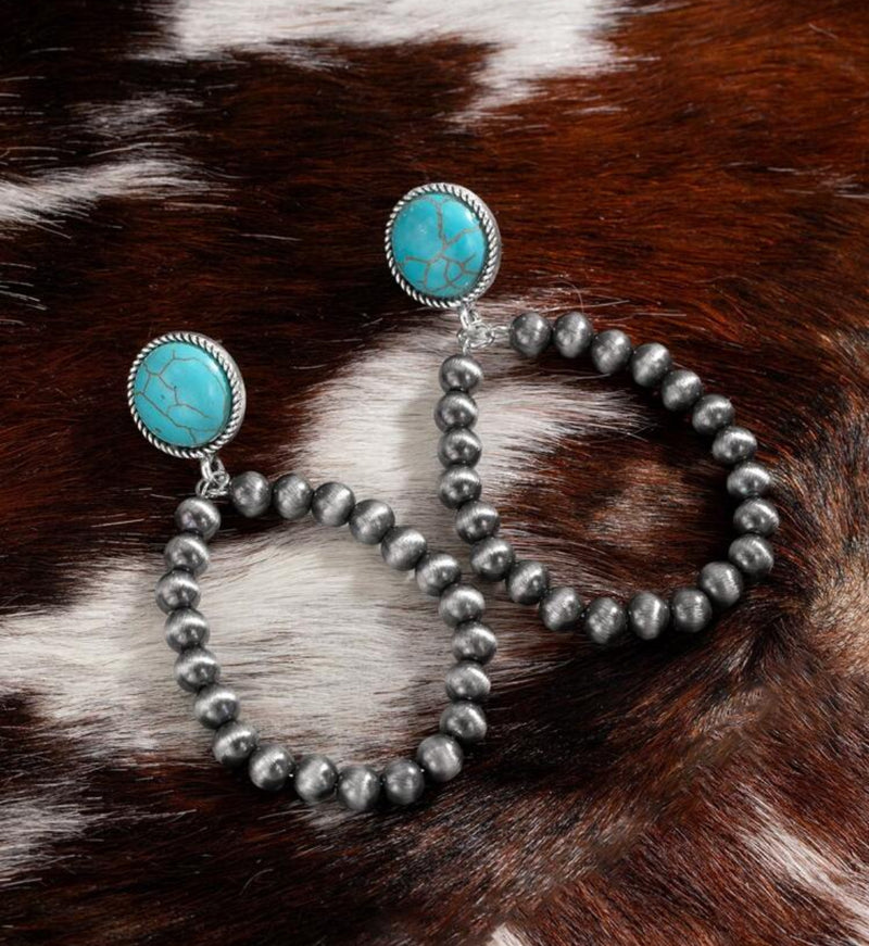 Western pierced 3 1/4" long gunmetal bead and turquoise stone earrings