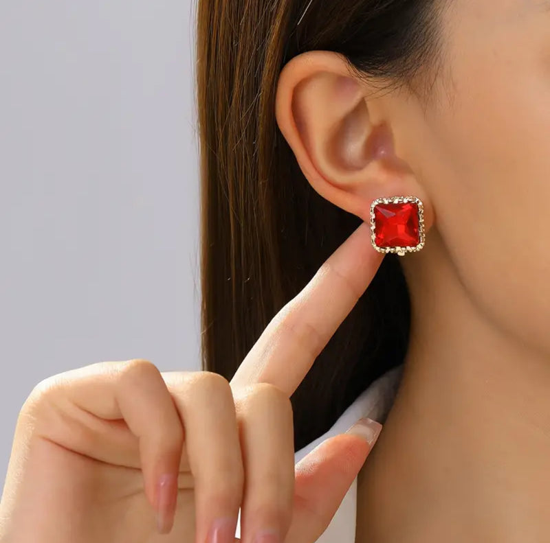Clip on 1/2" raised gold and red stone square button style earrings