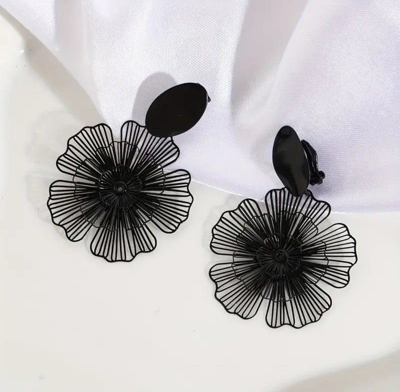 Clip on 2 1/2" lightweight black cutout flower dangle earrings