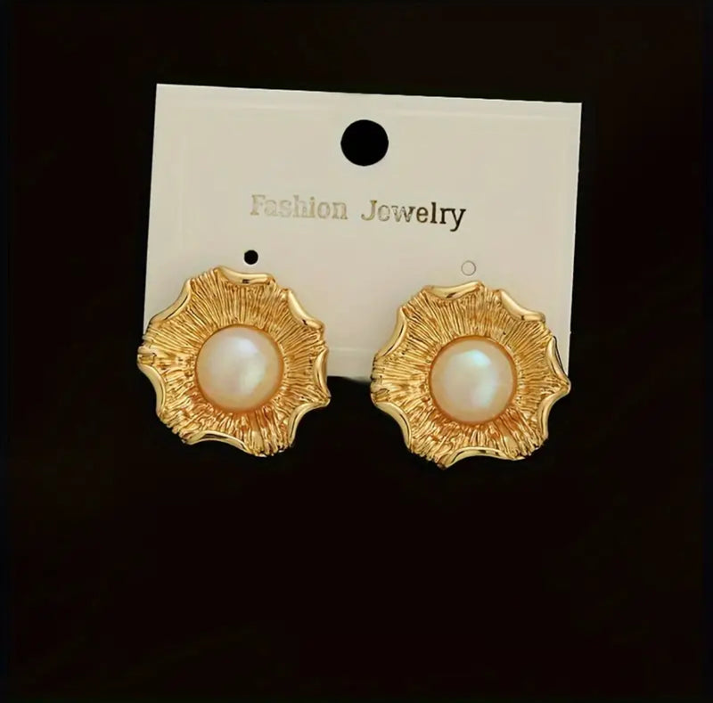 Clip on 1 1/4" gold flower and fluorescent white bead button style earrings