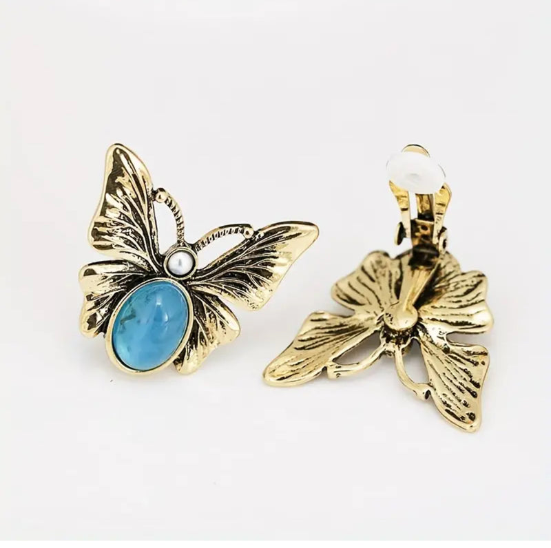 Clip on 1 1/2" gold and turquoise stone butterfly button style earrings