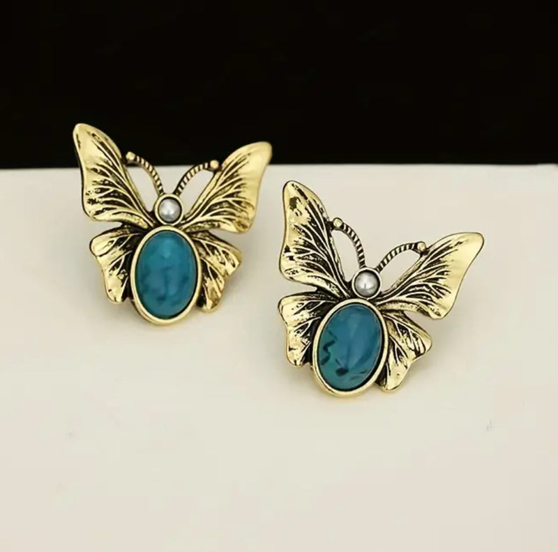 Clip on 1 1/2" gold and turquoise stone butterfly button style earrings