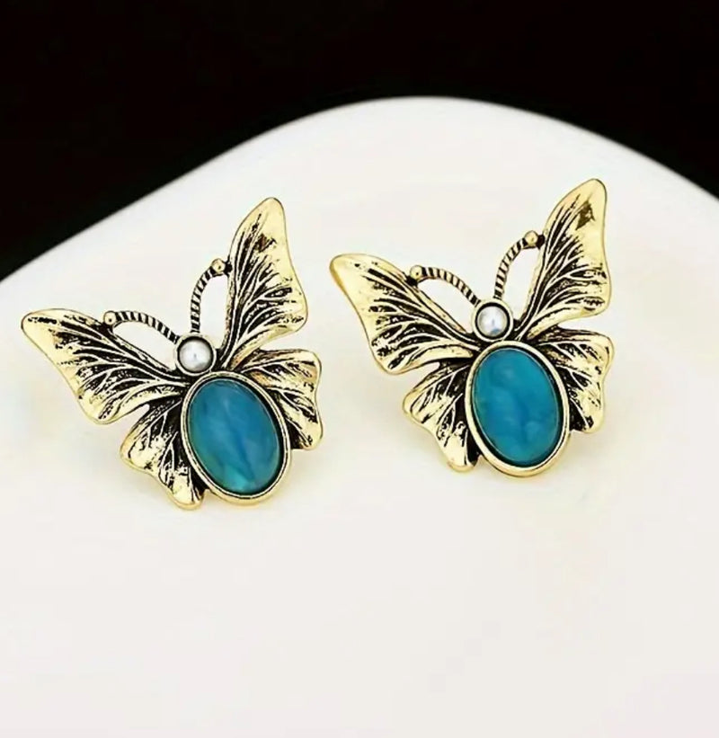 Clip on 1 1/2" gold and turquoise stone butterfly button style earrings