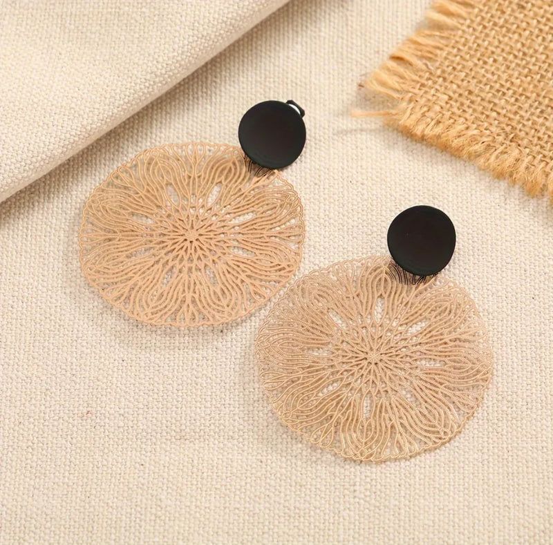 Clip on 2 1/2" lightweight black and gold double circle cutout dangle earrings