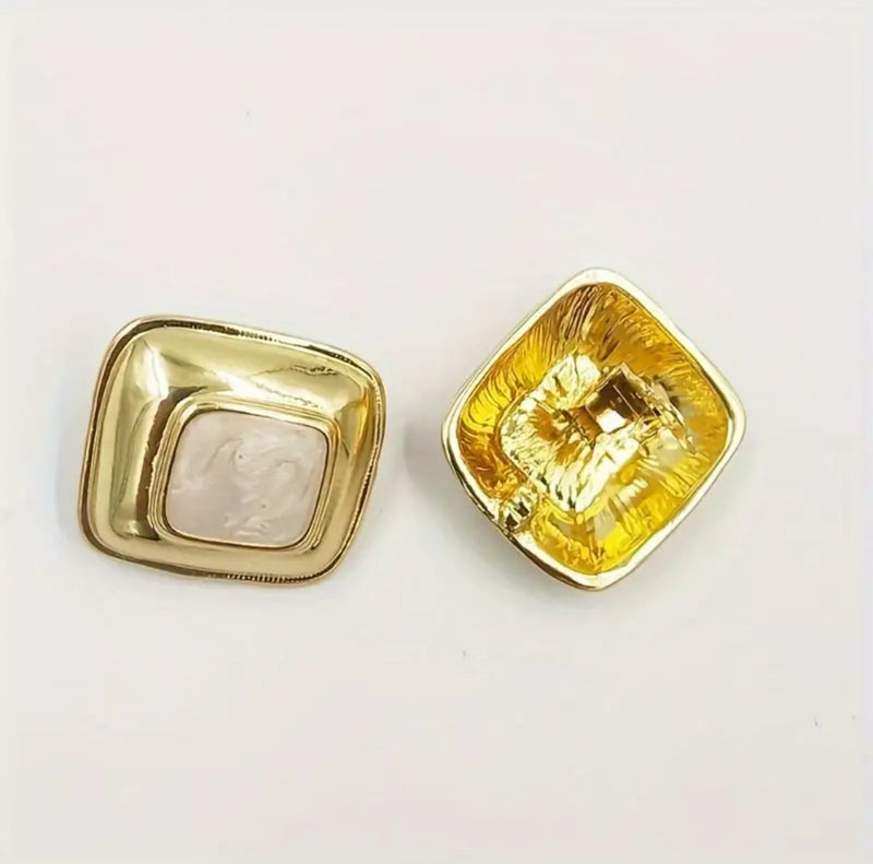 Clip on 1 1/4" gold and white square button style earrings