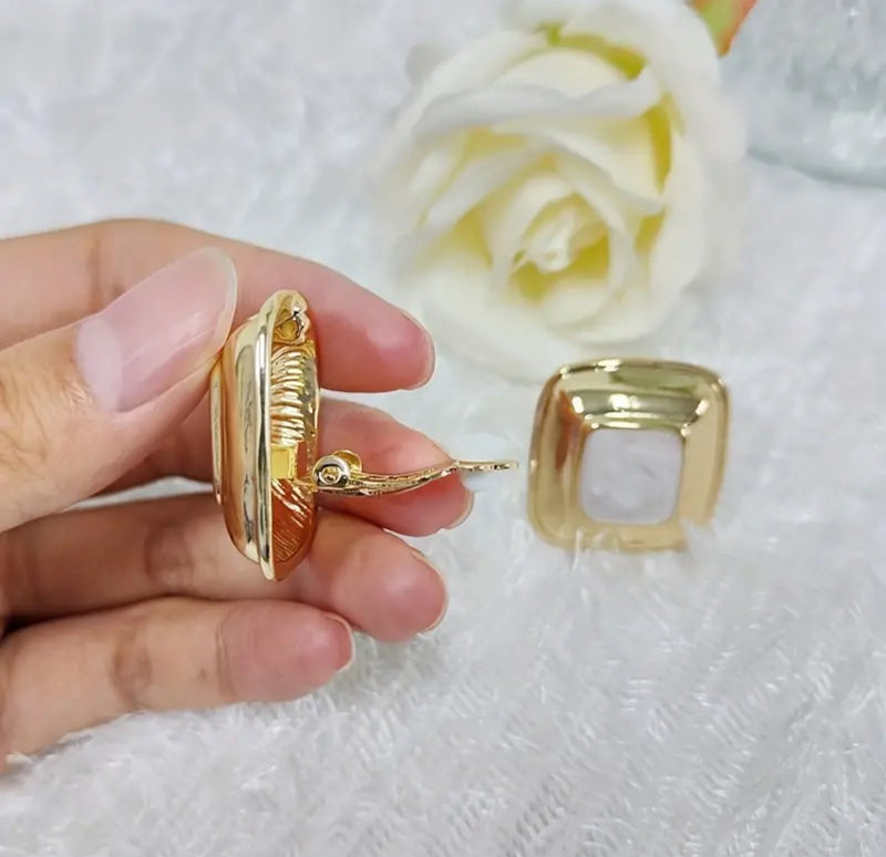 Clip on 1 1/4" gold and white square button style earrings