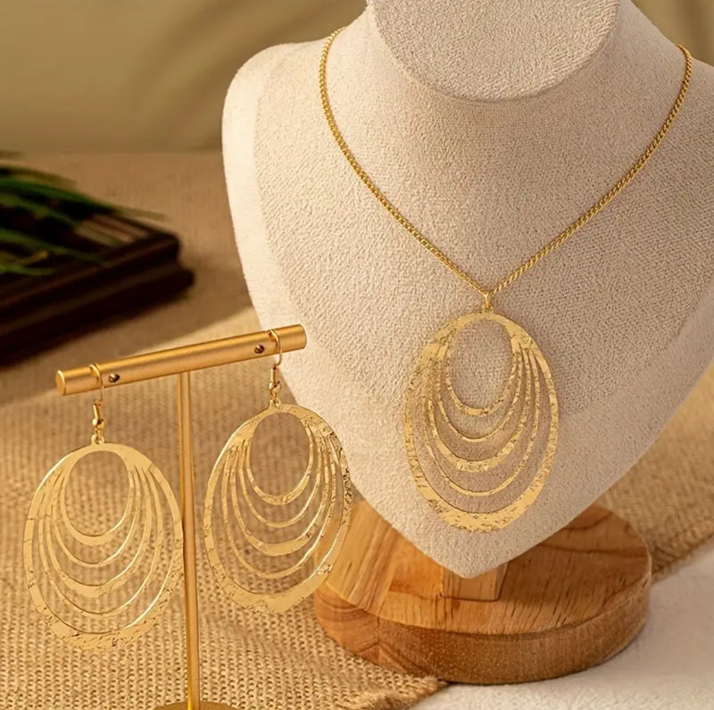 Clip on or pierced gold chain cutout pendant necklace and earring set