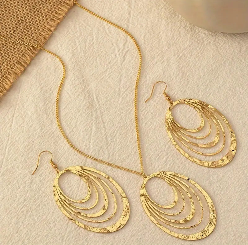 Clip on or pierced gold chain cutout pendant necklace and earring set