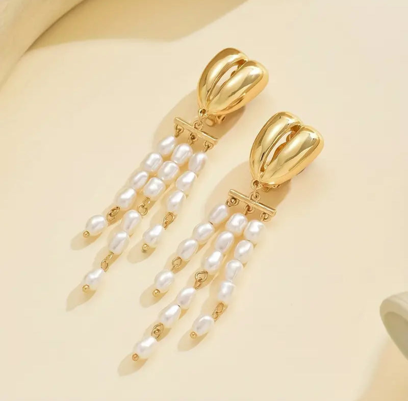 Clip on 3 3/4" Xlong shiny gold and white pearl dangle earrings