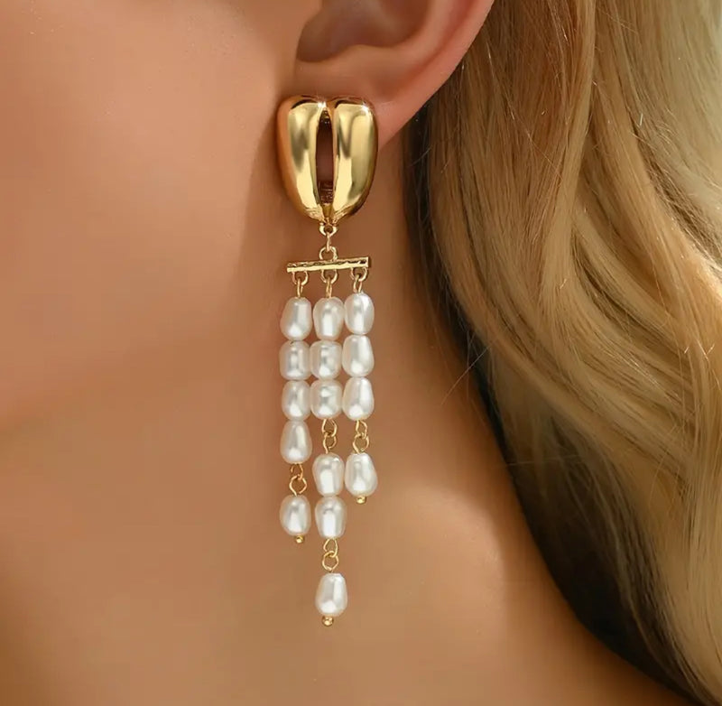 Clip on 3 3/4" Xlong shiny gold and white pearl dangle earrings