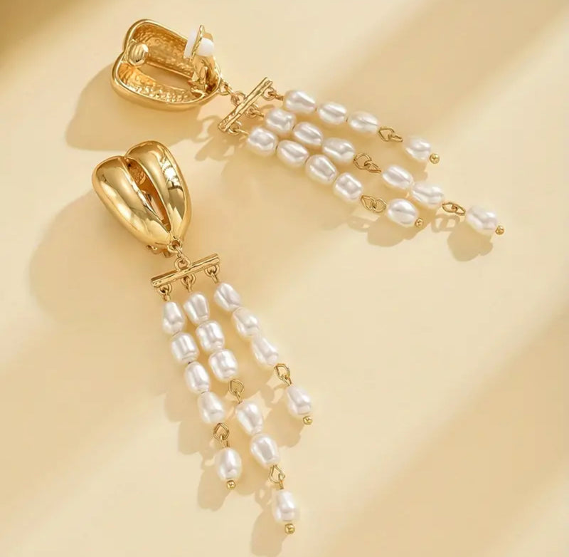 Clip on 3 3/4" Xlong shiny gold and white pearl dangle earrings