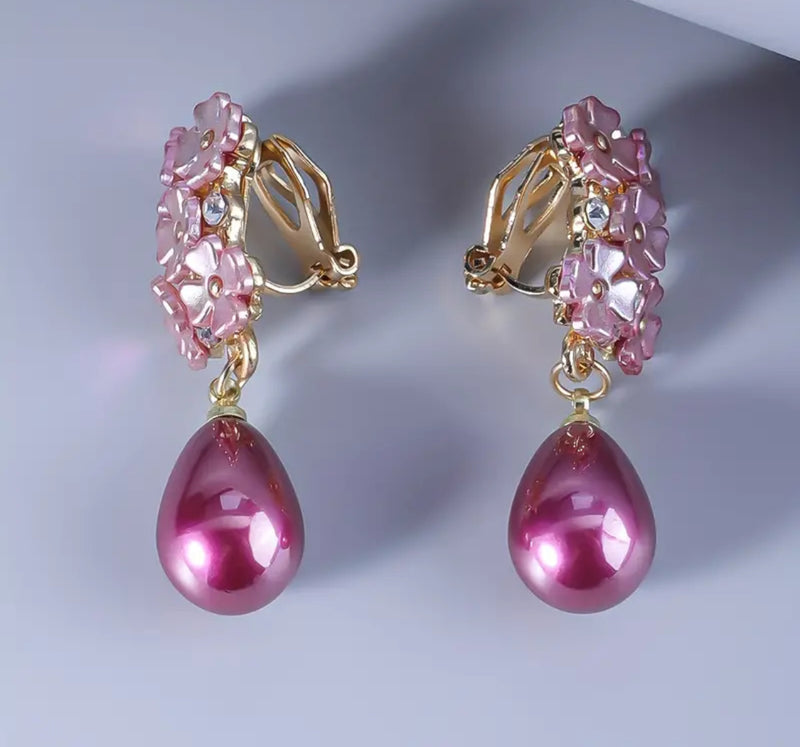 Clip on 1 1/2" gold and pink flower earrings with dangle teardrop