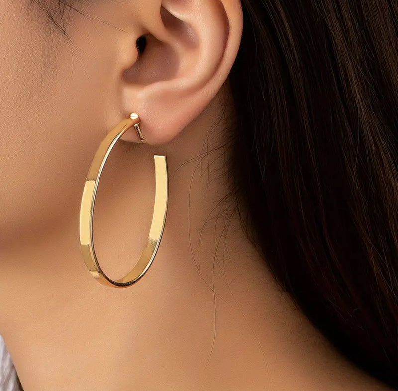 Clip on 2" gold oval open back flat hoop earrings