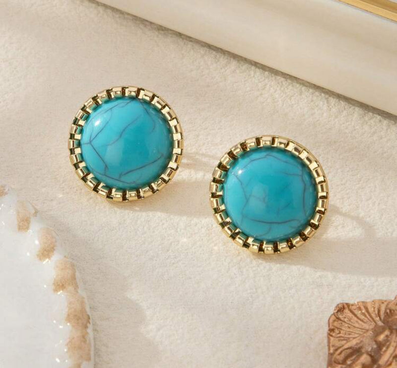 Clip on 3/4" small gold and turquoise button style earrings