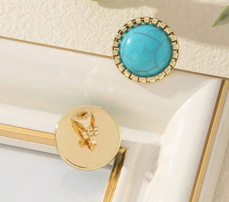 Clip on 3/4" small gold and turquoise button style earrings