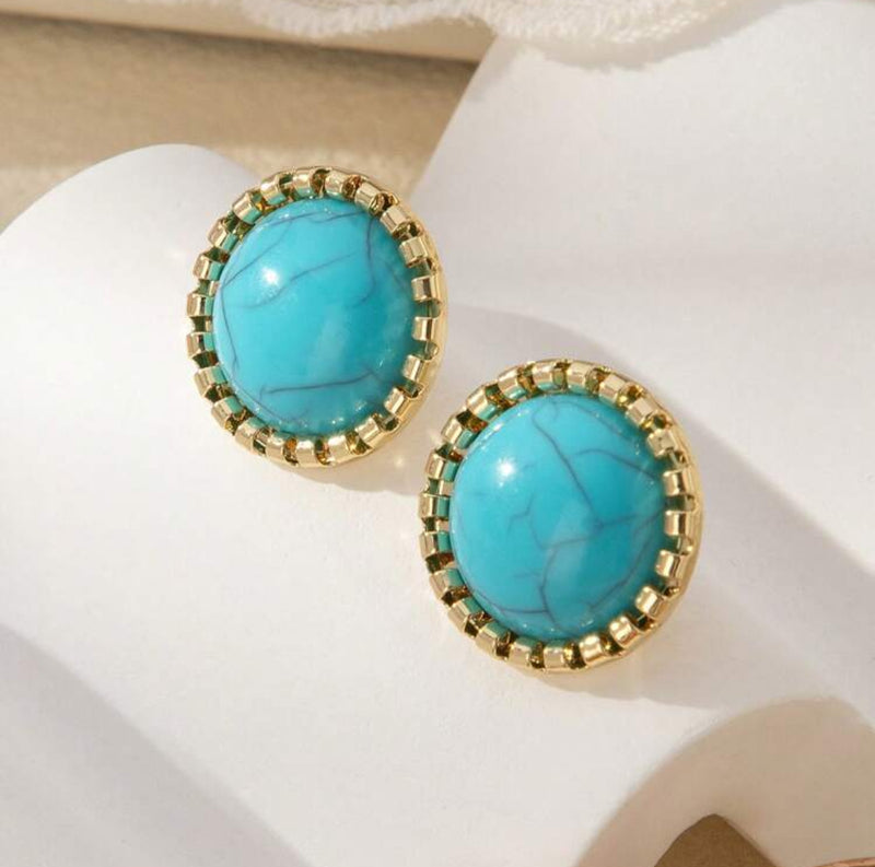 Clip on 3/4" small gold and turquoise button style earrings