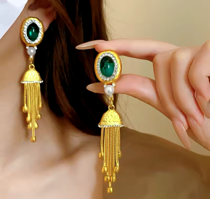 Clip on 4" matte gold dangle earrings with green, clear, beads and pearl