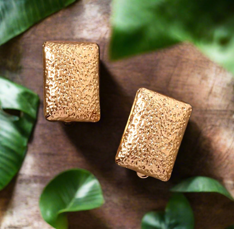 Clip on 1" textured gold long square button style earrings