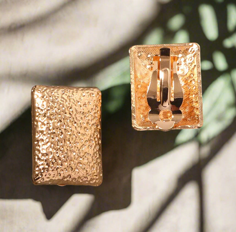 Clip on 1" textured gold long square button style earrings