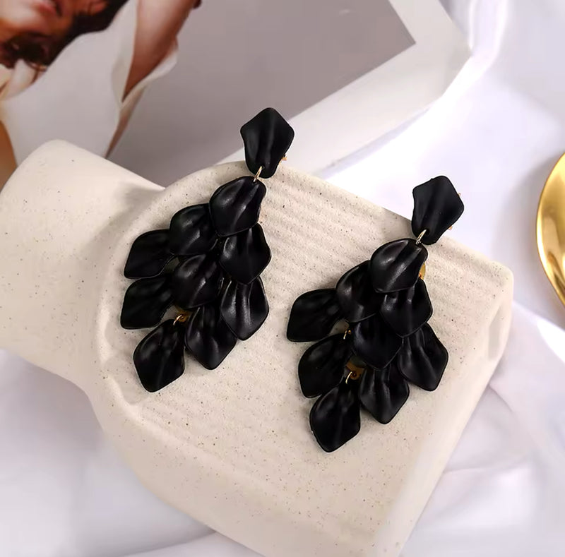 Clip on 3 3/4" Xlong gold and black layered petal dangle earrings