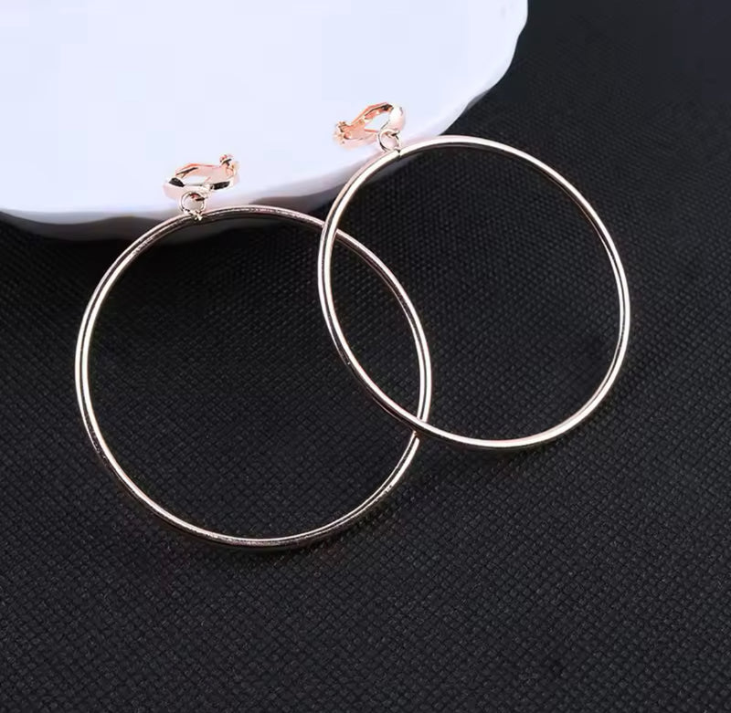 Clip on 3" large rose gold dangle hoop earrings with small clasp