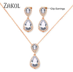 Beautiful clip on rose gold clear stone double teardrop necklace & earring set